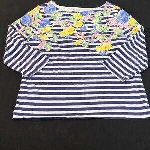 Talbots Blue and White Floral Stripe Long Sleeve Top